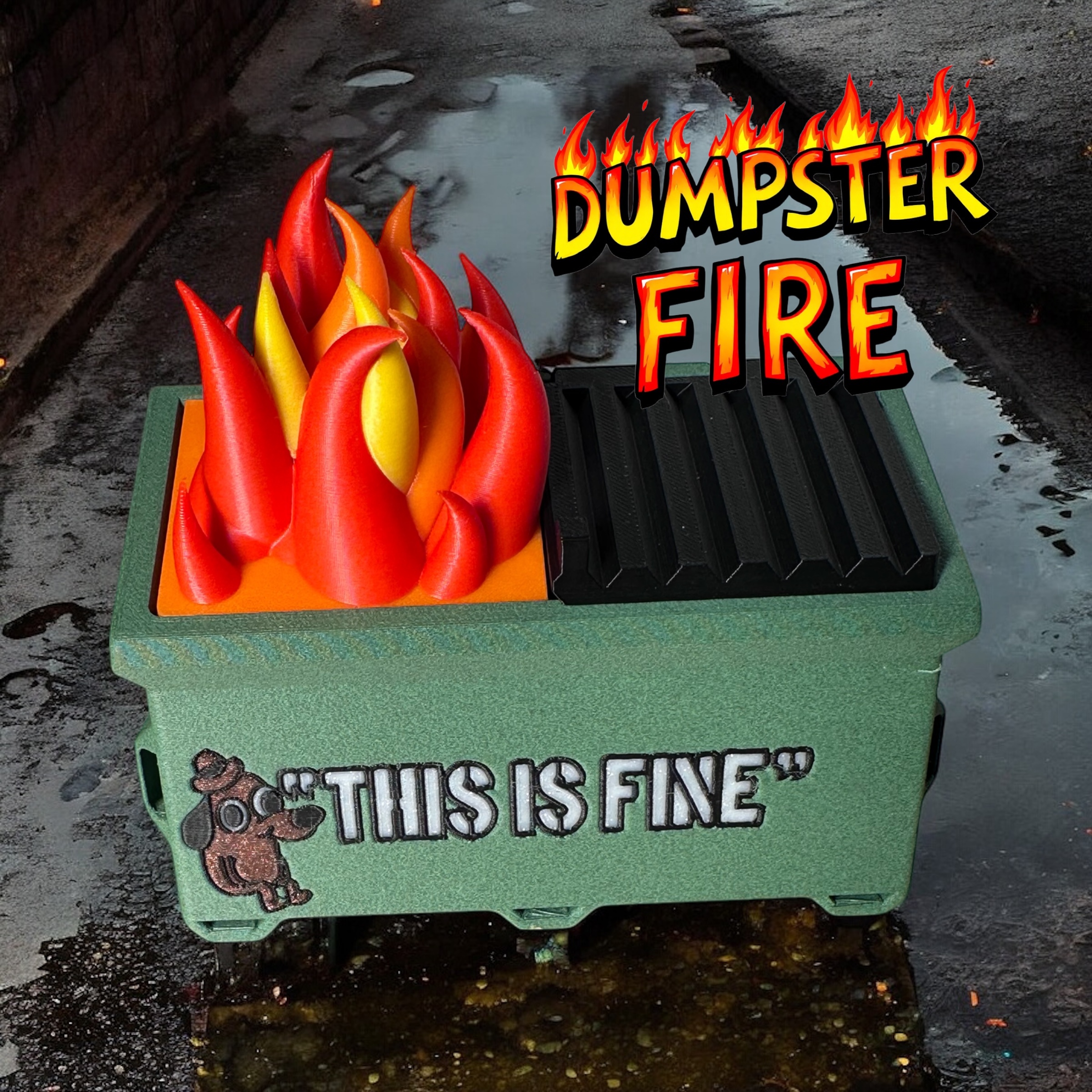 Print-in-Place Mini Dumpster Fire Model – "This Is Fine" Edition 3D 3MF Model