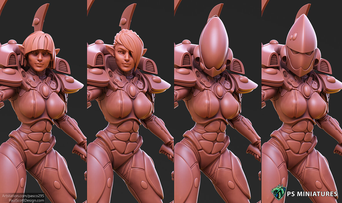 Elf Female Soldier Pose 1 - 8 Variants and 2 Pinups 3D STL Model — view 3