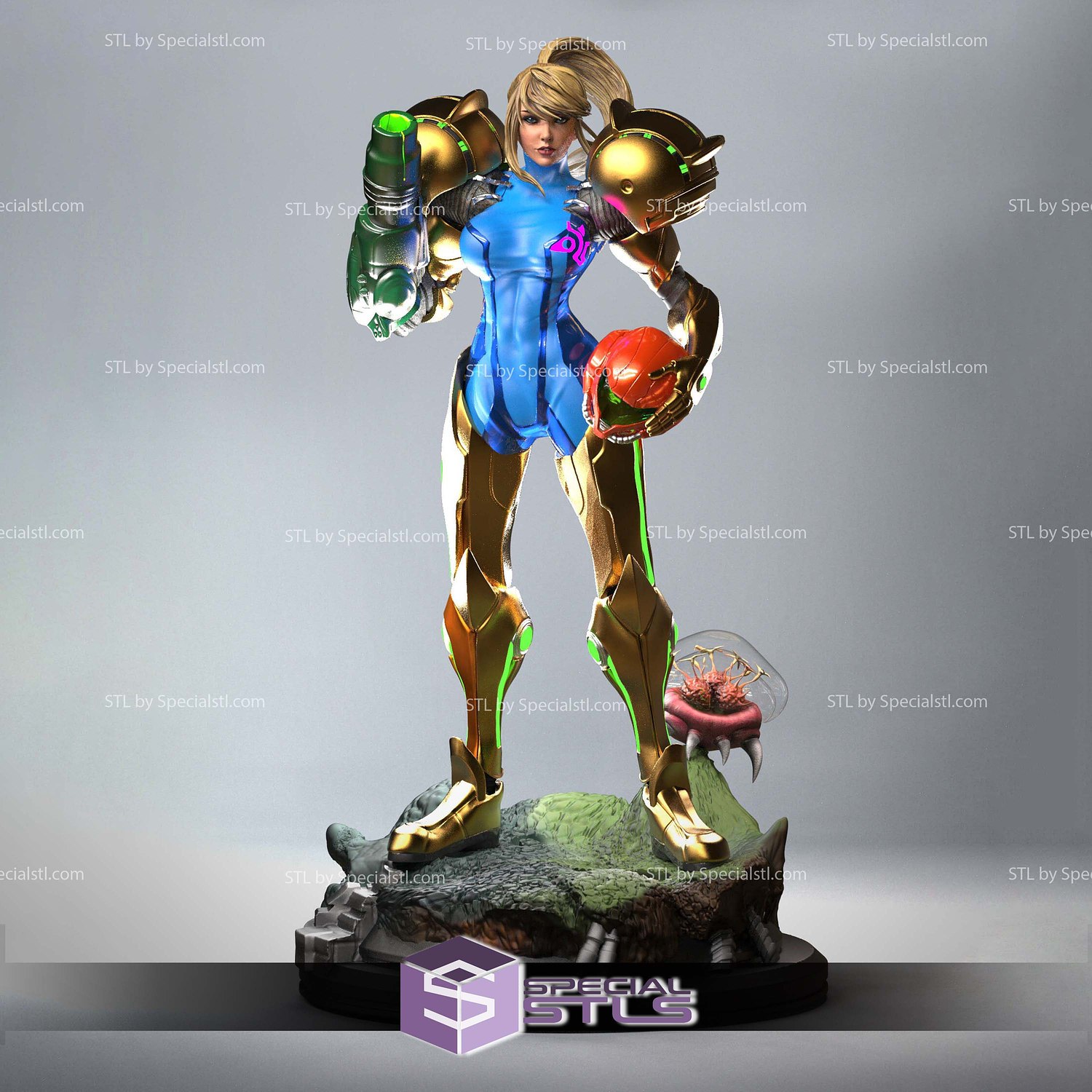 Samus Aran hold Helmet 3D Printer Files STL Model — view 3