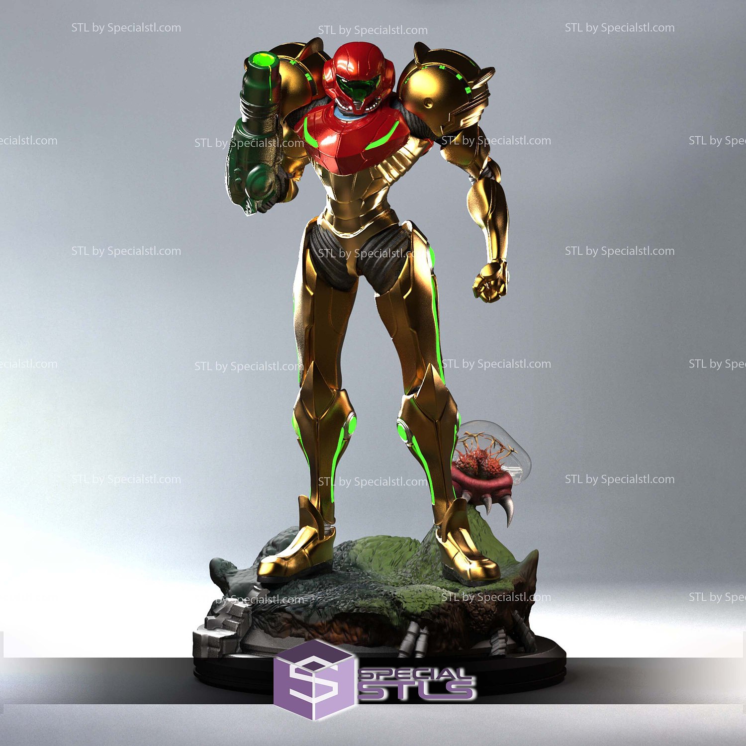 Samus Aran hold Helmet 3D Printer Files STL Model — view 4