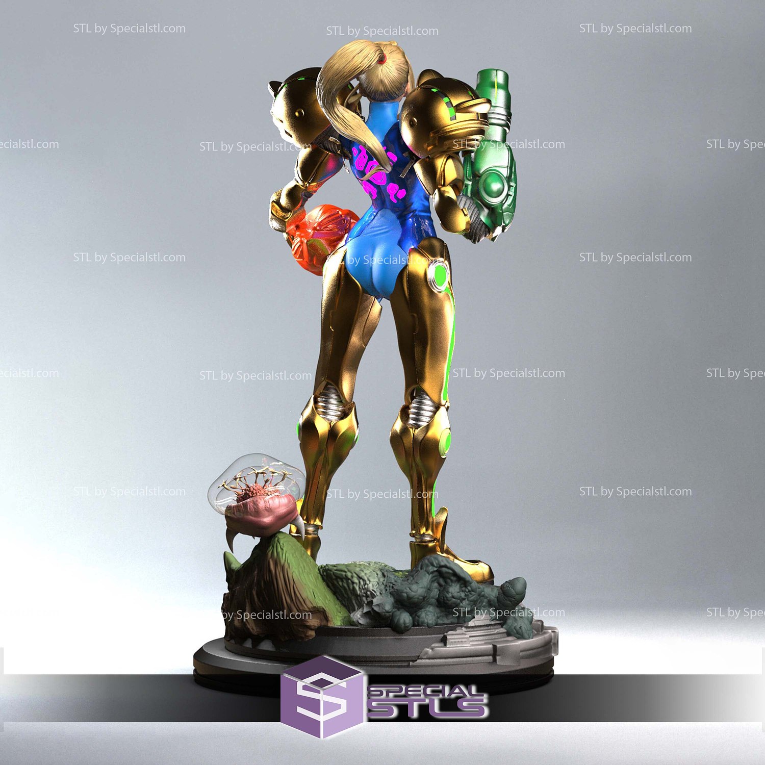 Samus Aran hold Helmet 3D Printer Files STL Model — view 5