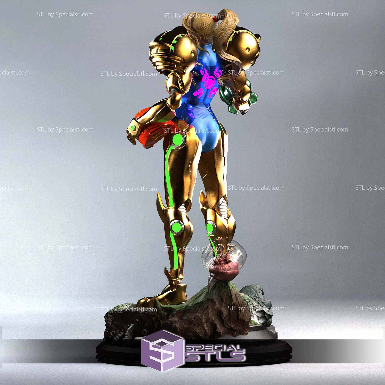 Samus Aran hold Helmet 3D Printer Files STL Model — view 6