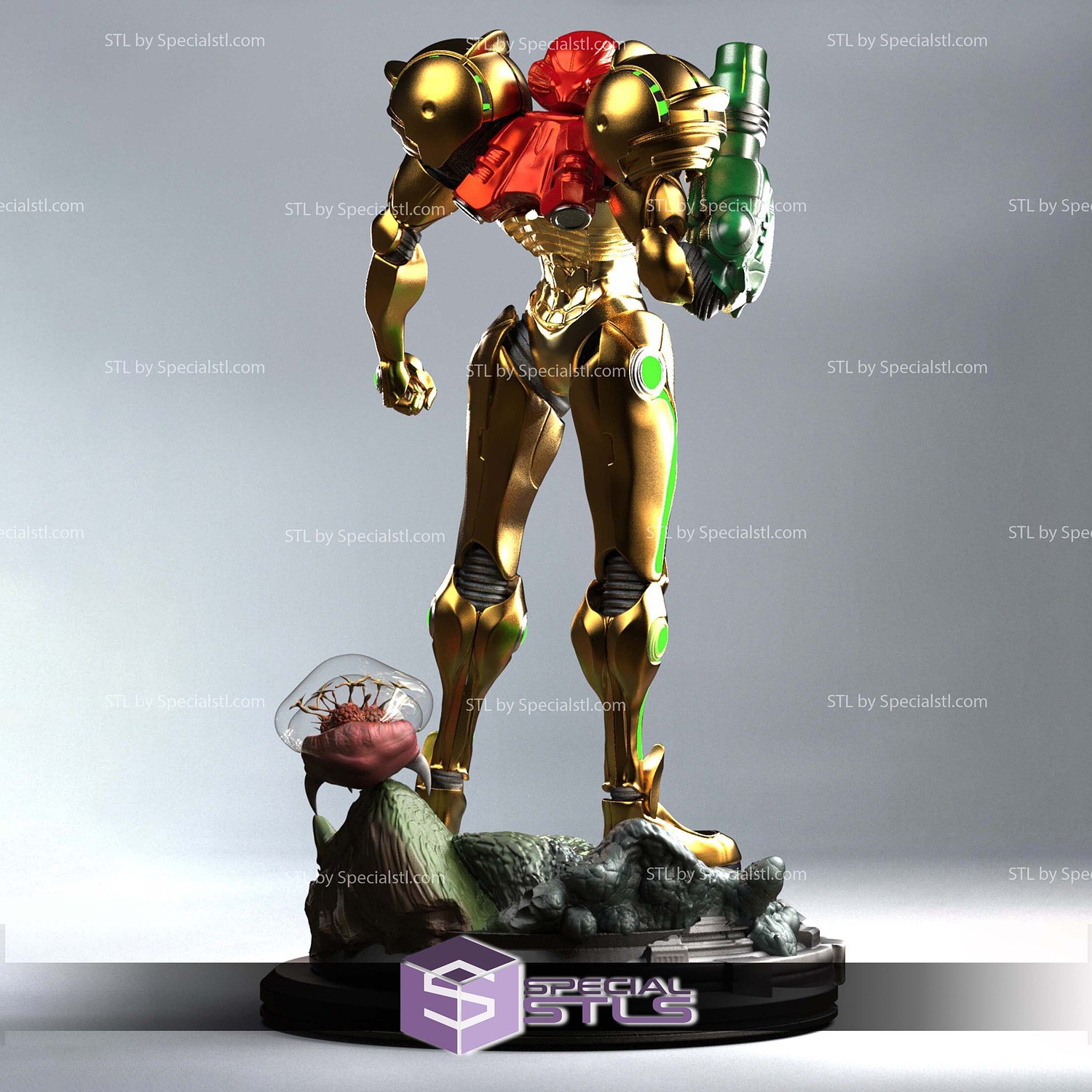 Samus Aran hold Helmet 3D Printer Files STL Model — view 7