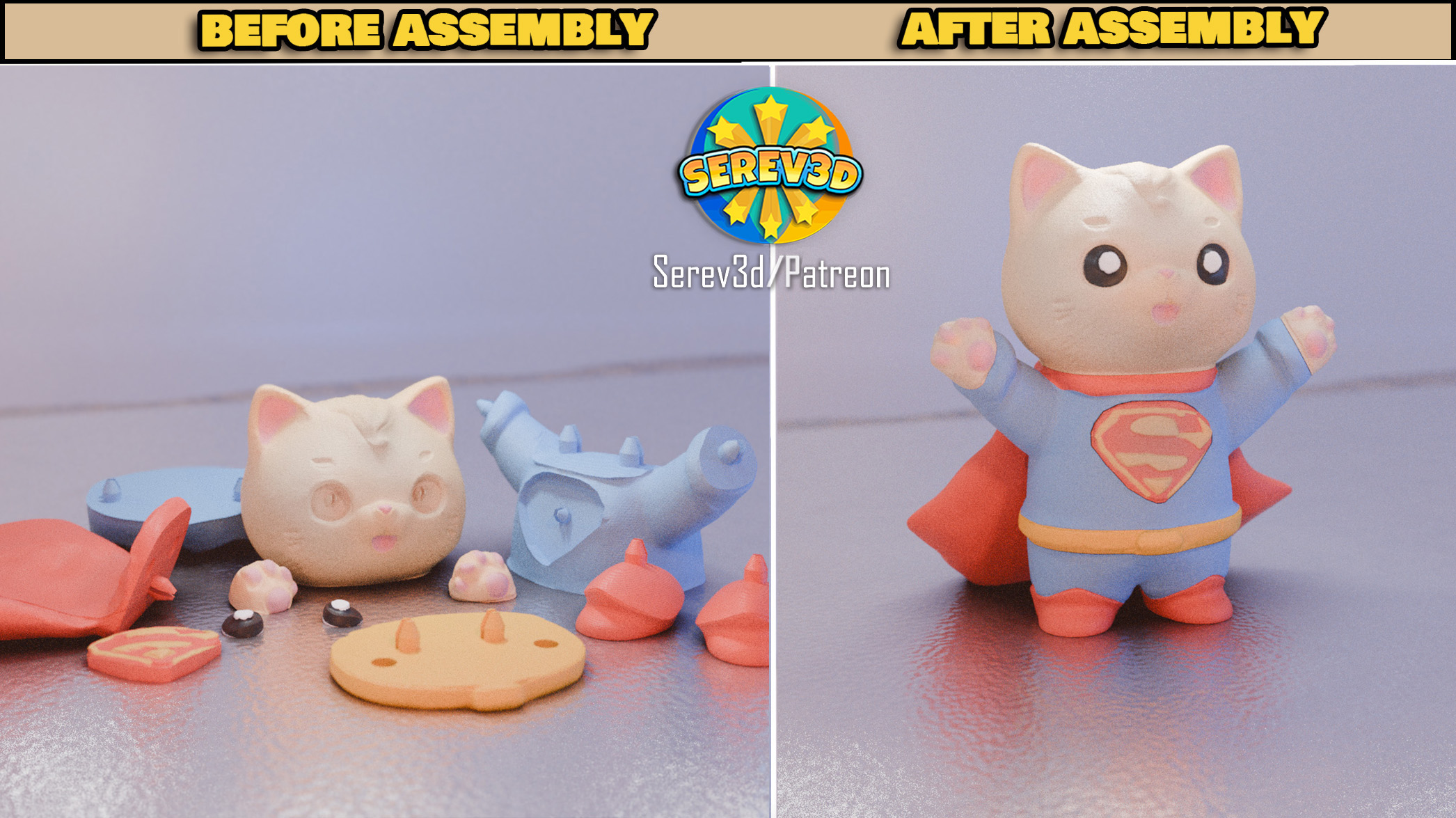 Super Cat - Superman Cosplay Cat Figurine - No Supports 3D Print STL/3MF Model