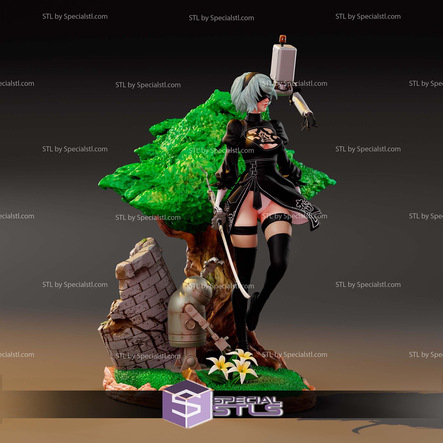 2B Stand on Tree Base Nier Automata 3D Print Files STL Model — view 3