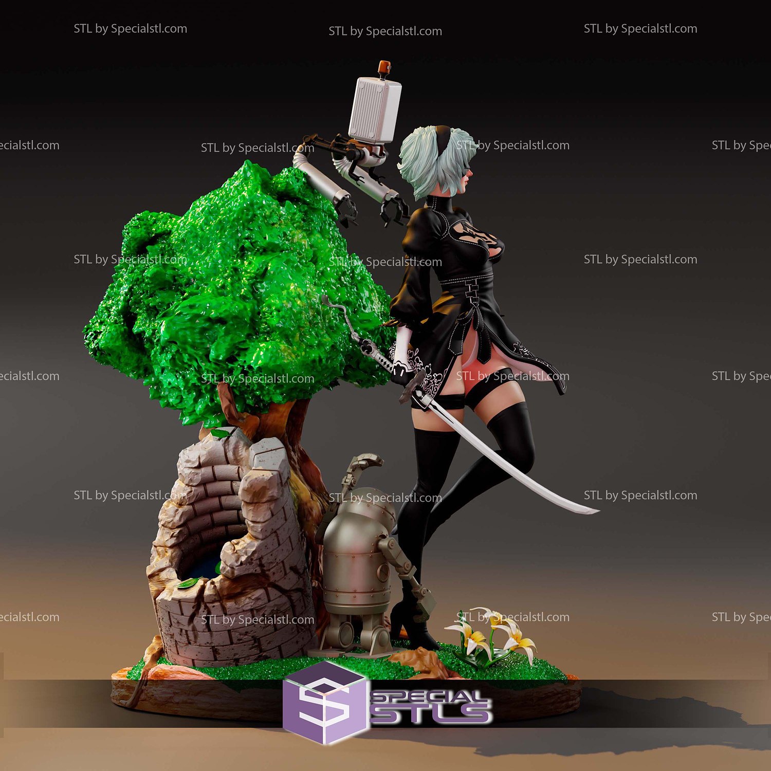 2B Stand on Tree Base Nier Automata 3D Print Files STL Model — view 4