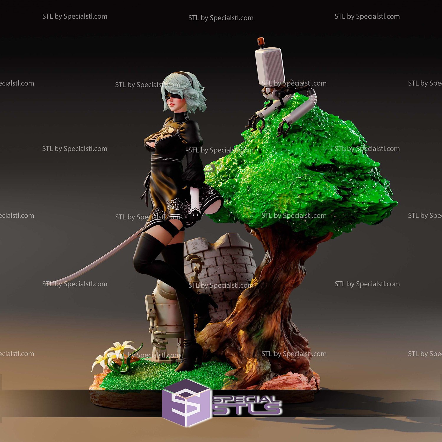 2B Stand on Tree Base Nier Automata 3D Print Files STL Model — view 7