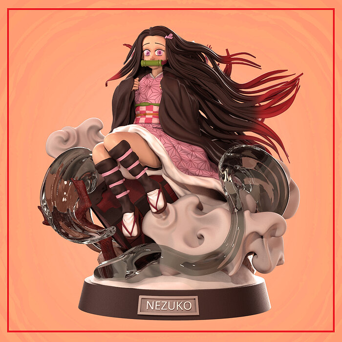 Nezuko statue of girl with long hair 3D STL Model — view 2