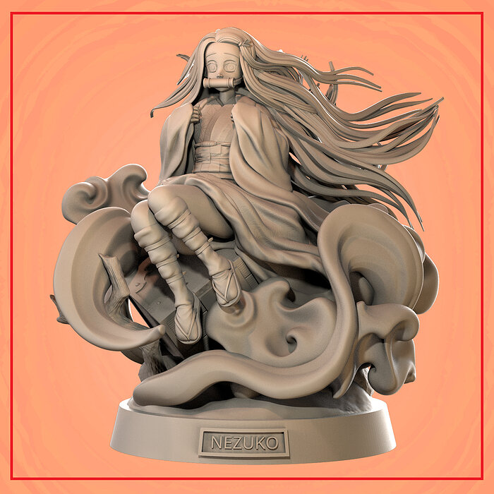 Nezuko statue of girl with long hair 3D STL Model — view 5