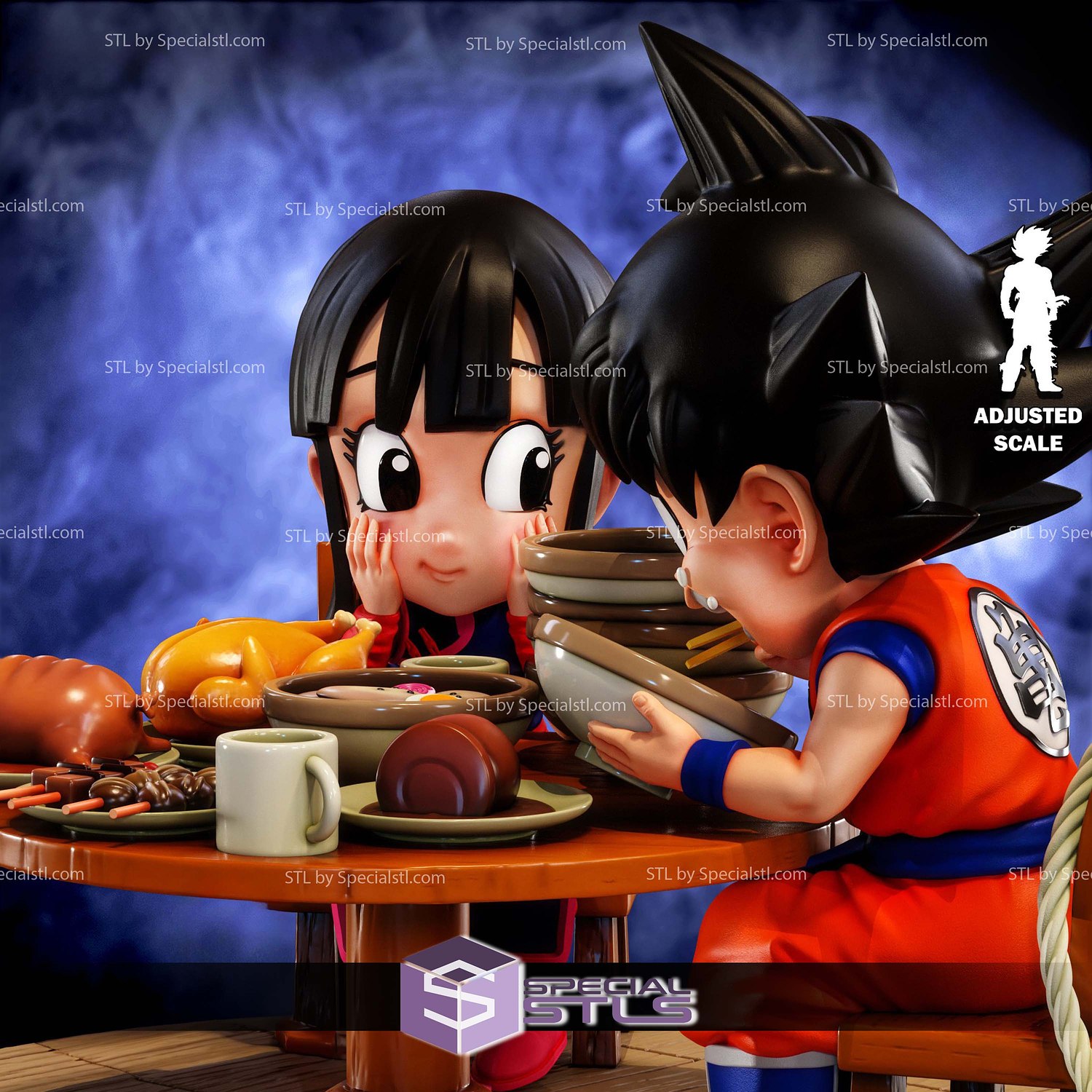 Goku and Chichi with Meals 3D Printer Files STL Model — view 3