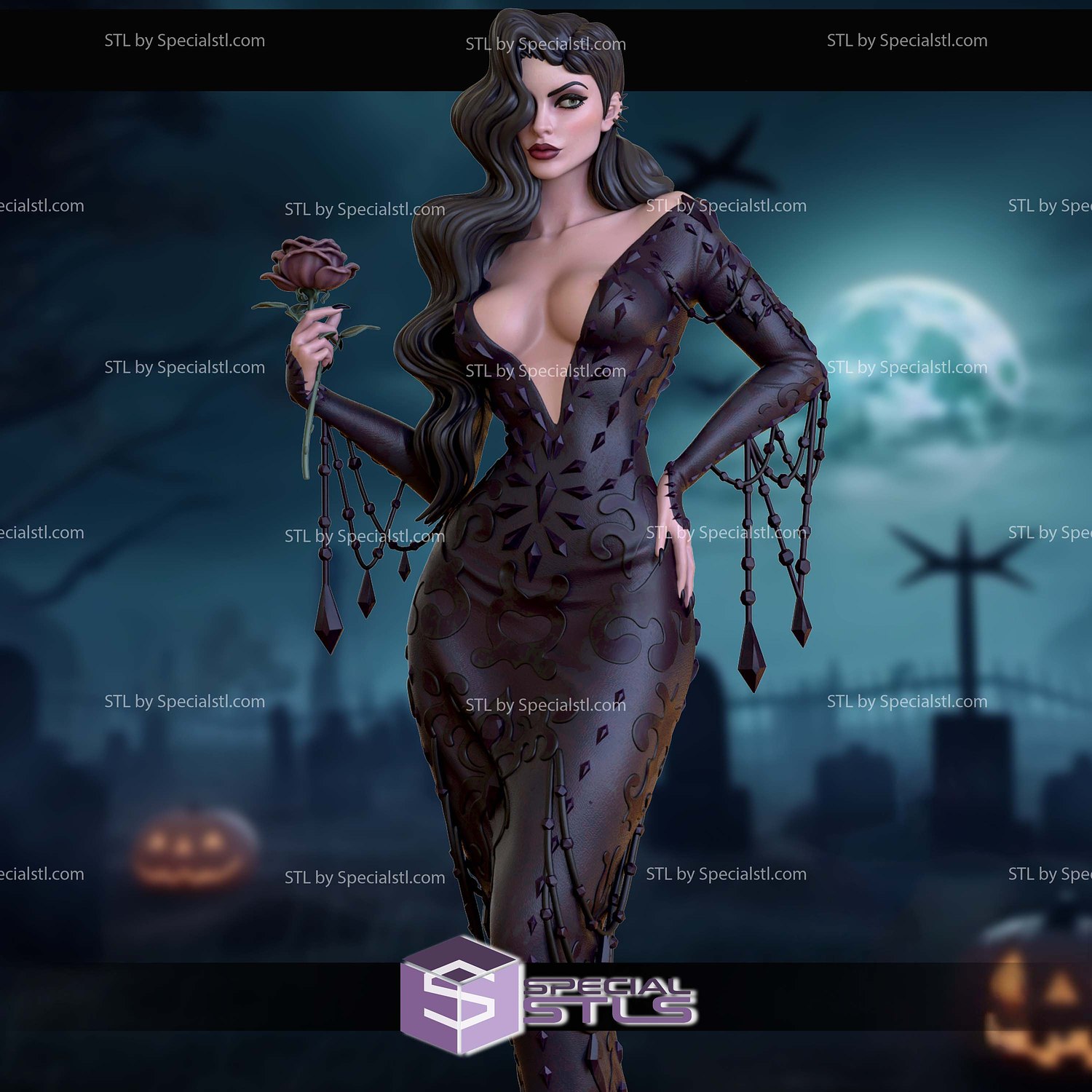 Morticia Addams Spooky Waifu Digital STL Files 3D Model — view 2
