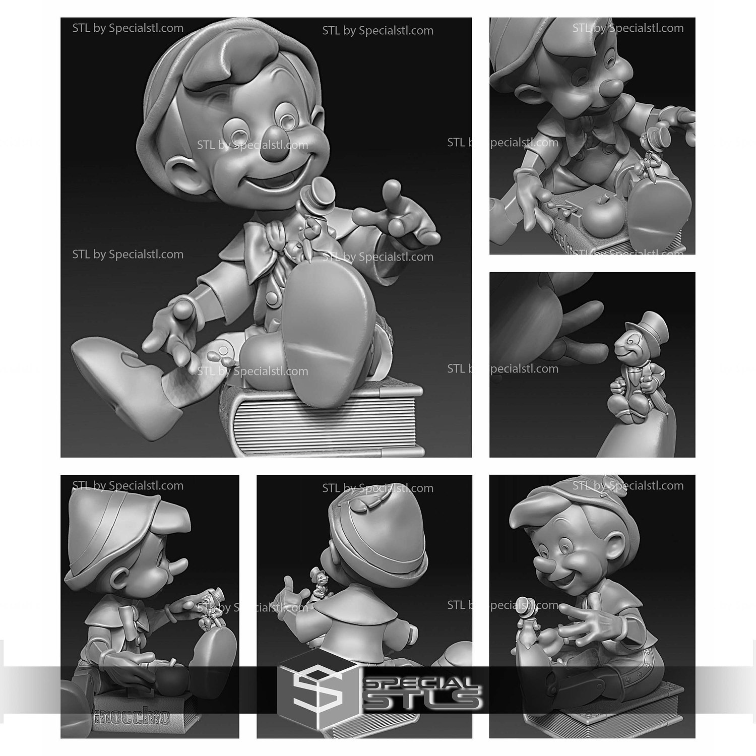 Pinocchio on Book 3D Printer Files STL Model — view 3