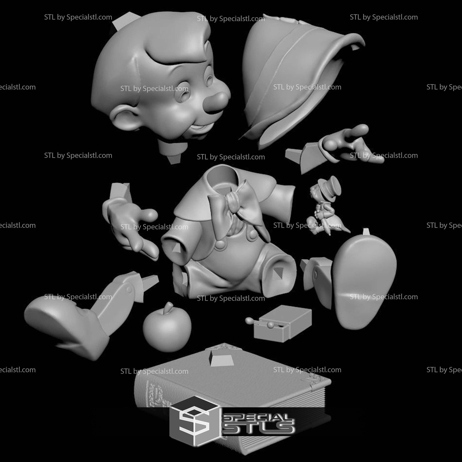 Pinocchio on Book 3D Printer Files STL Model — view 4