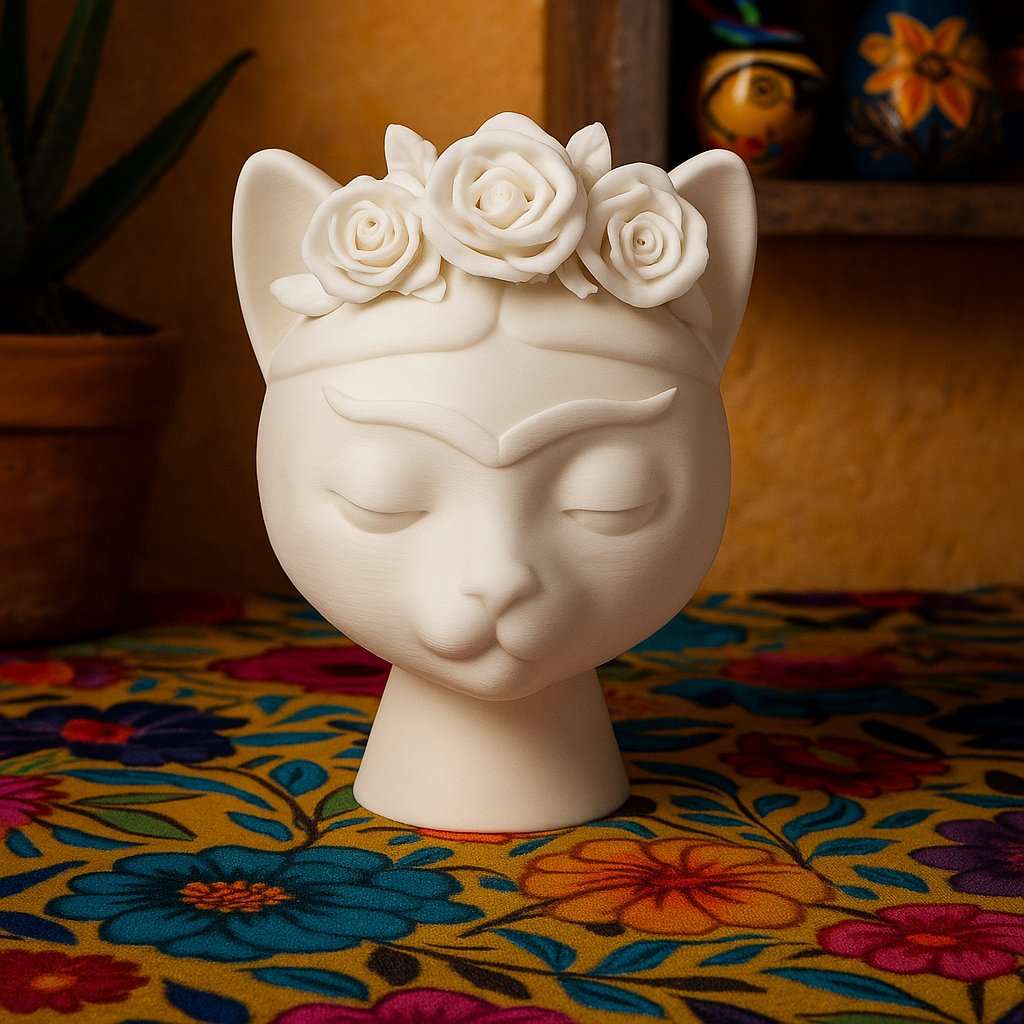 Frida Kahlo Cat Sculpture with Flower Crown 3D 3MF Model