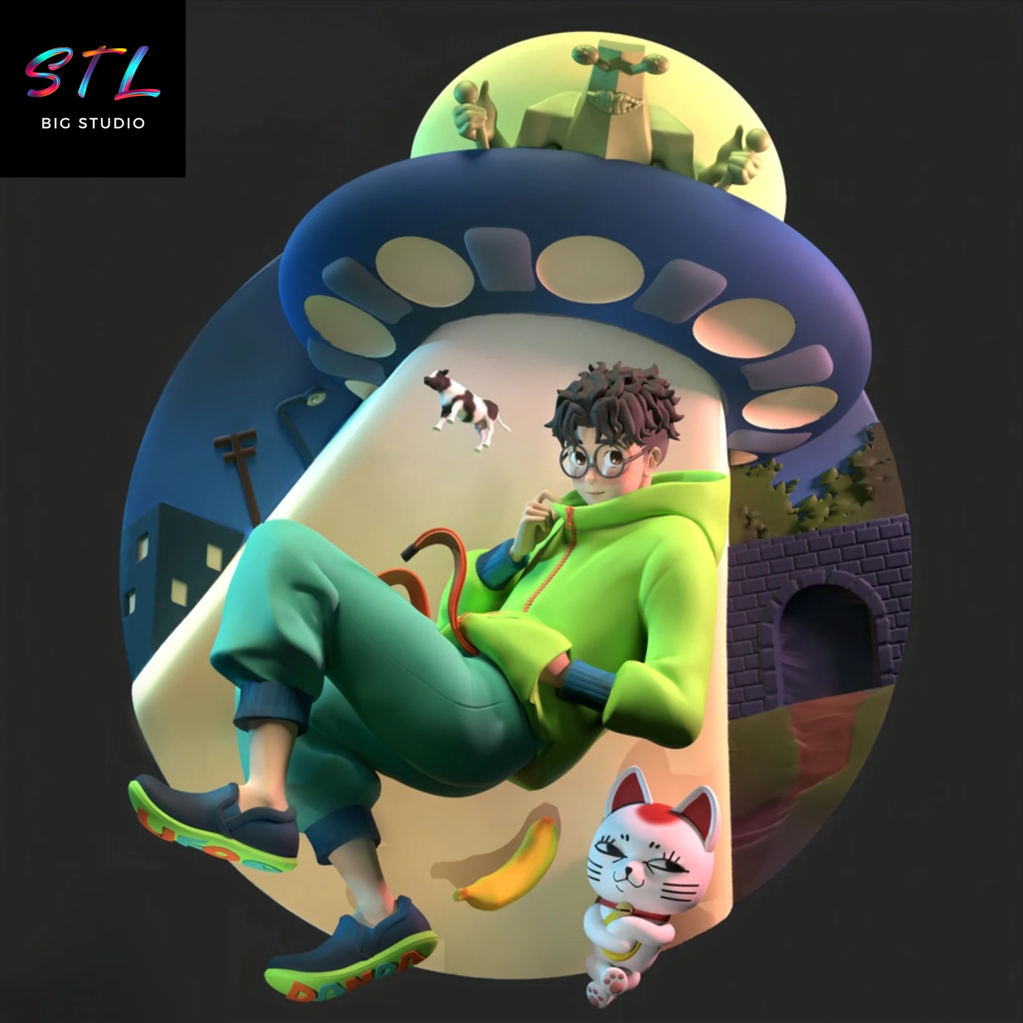 Okarun STL Diorama | UFO Abduction Scene | 3D Printable Figure | Dan Da Dan Model