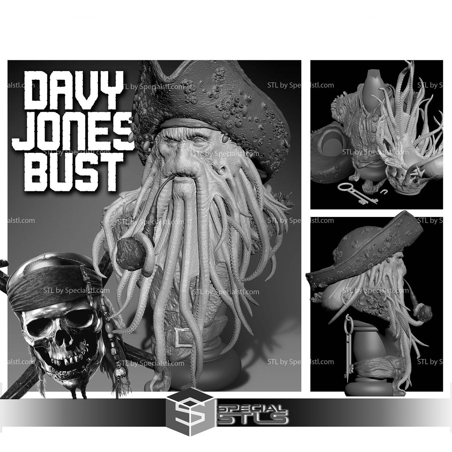 Davy Jones Bust 3D Printer Files STL Model — view 4