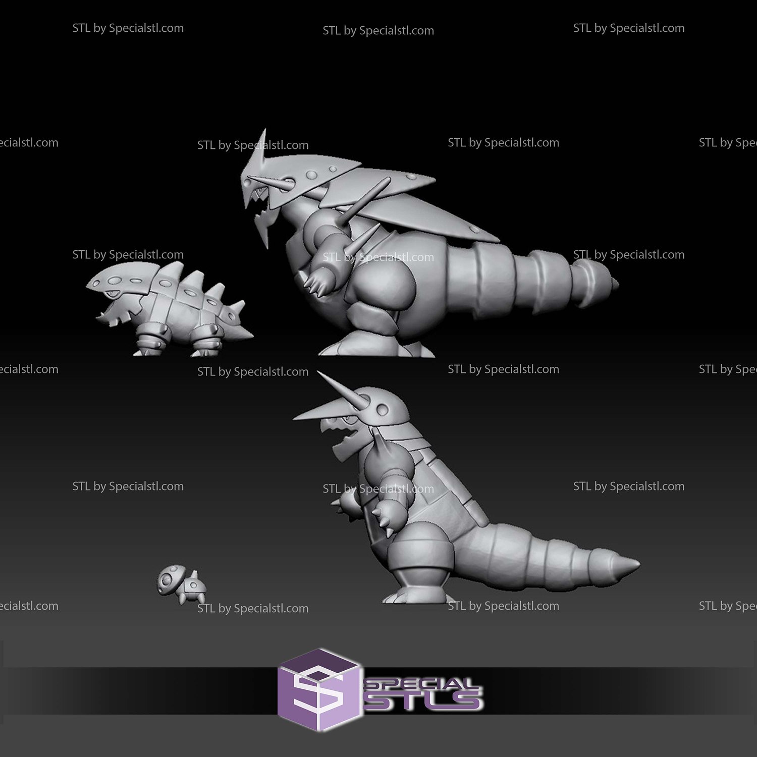 Pokemon STL Collection Aron Lairon Aggron Mega Evolution 3D Model — view 3
