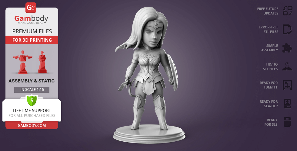 Chibi Wonder Woman 3D Printing Miniature | Assembly STL Model