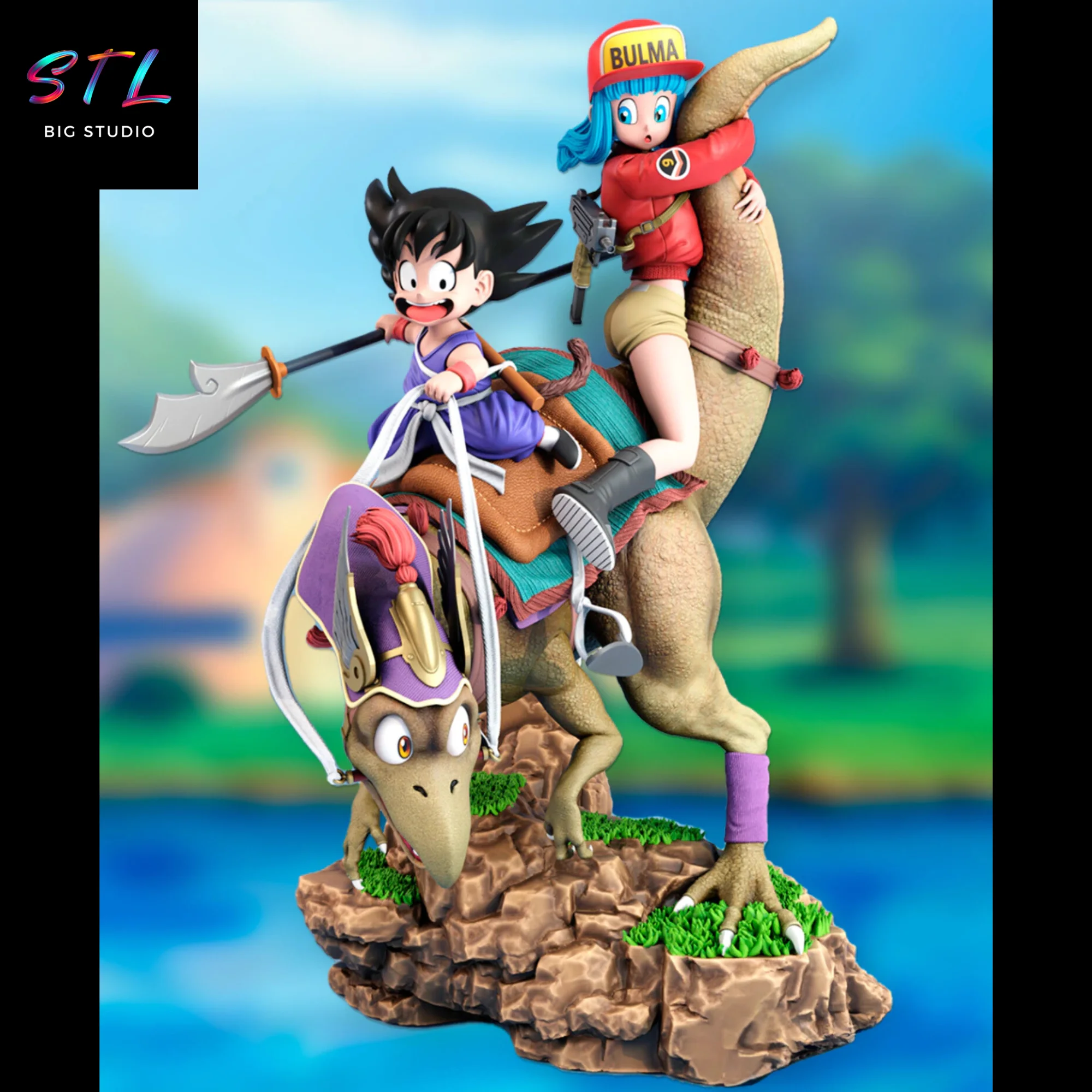 STL Goku & Bulma on Dinosaur | Dragon Ball | 3D Printable Figure Model