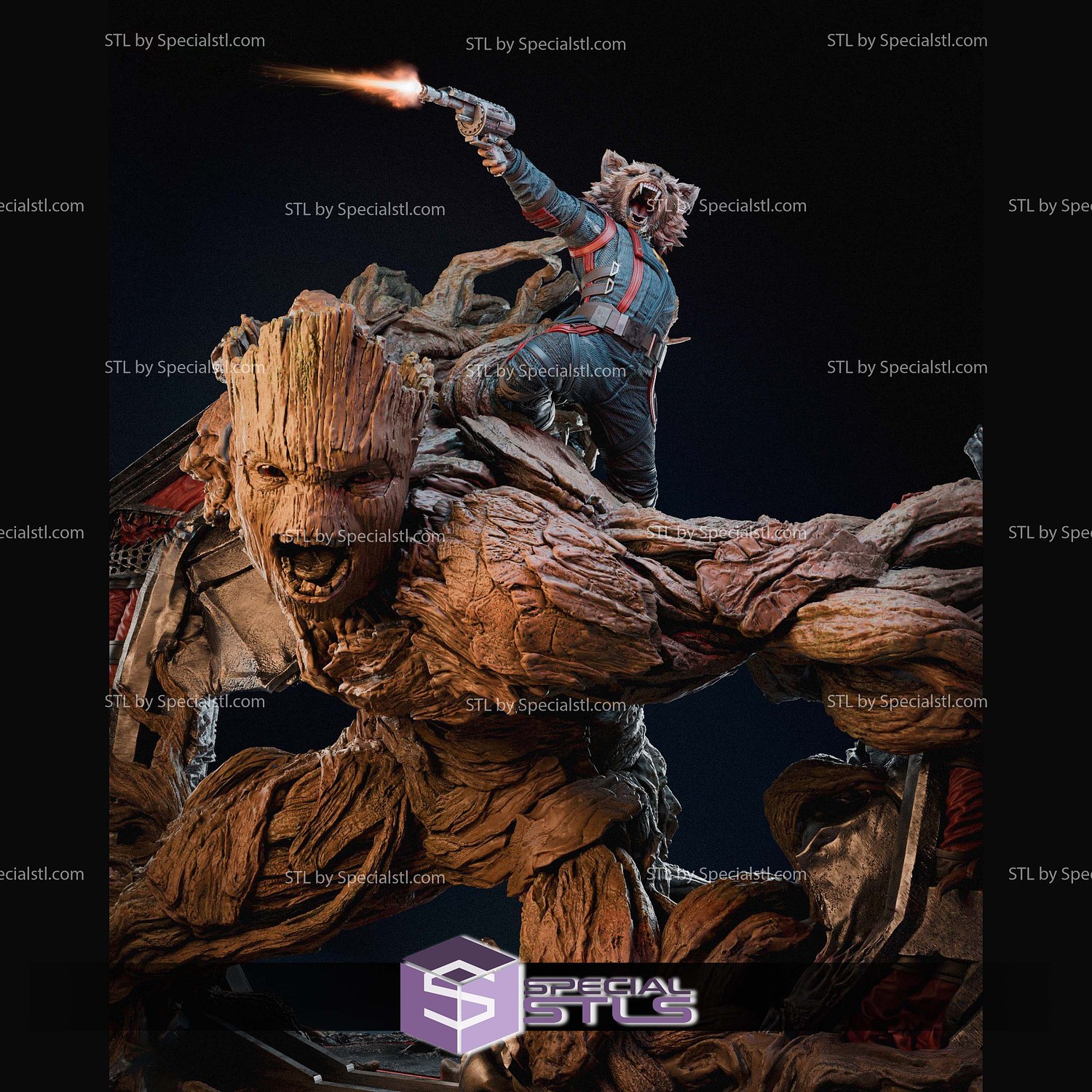 Groot Rocket Battle Diorama 3D Printer Files STL Model — view 2