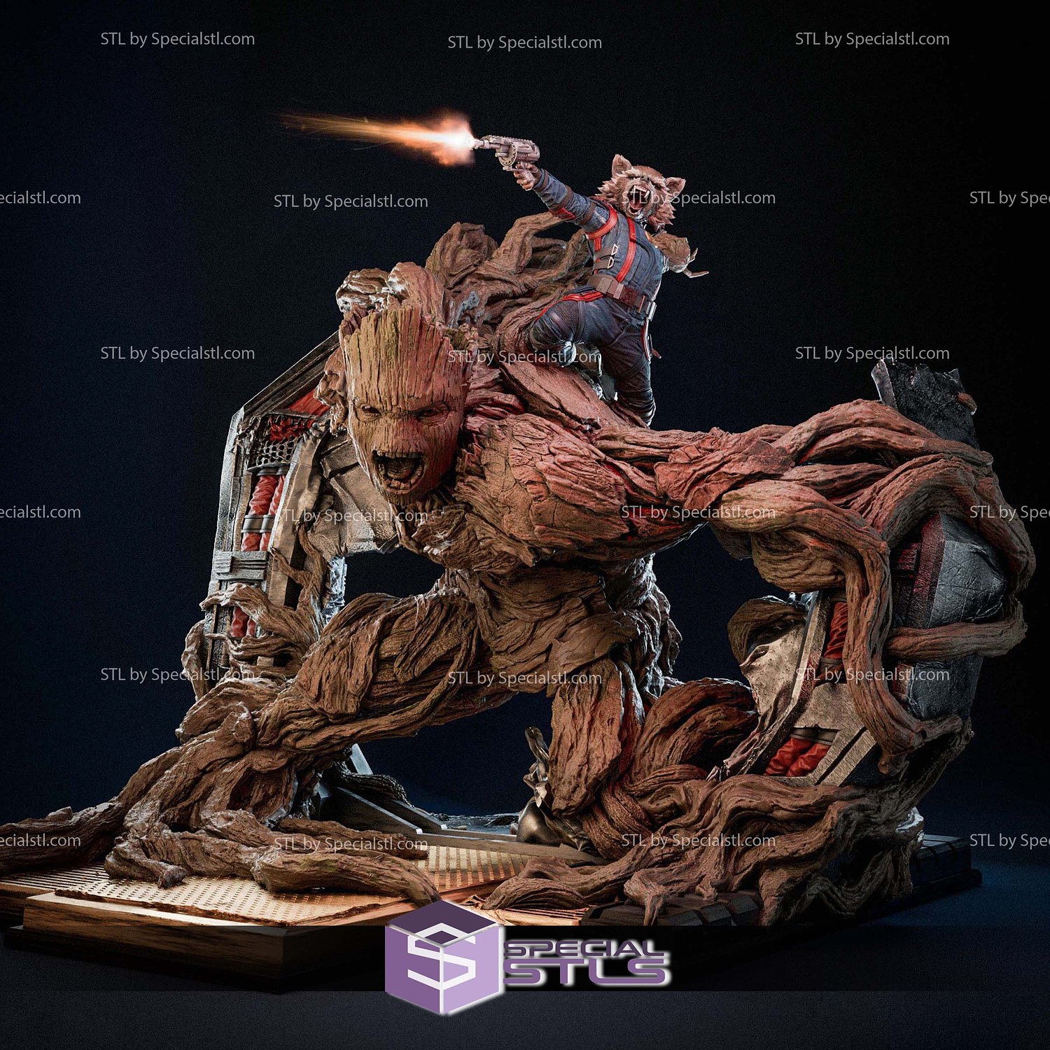 Groot Rocket Battle Diorama 3D Printer Files STL Model — view 3