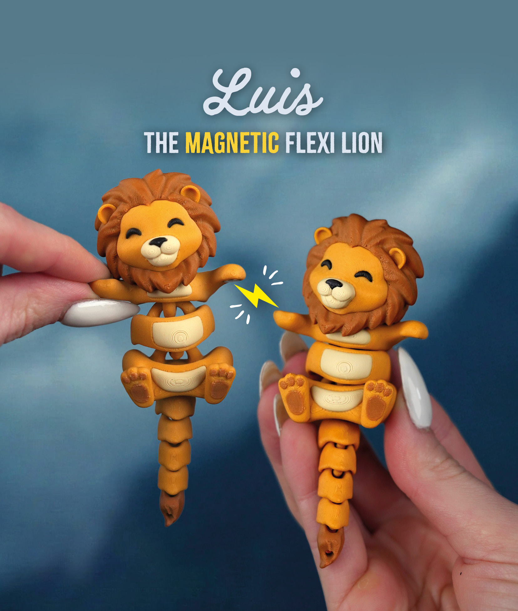 Luis, the Flexi Lion - Magnetic Hand-Holding Companion 3D 3MF Model — view 3