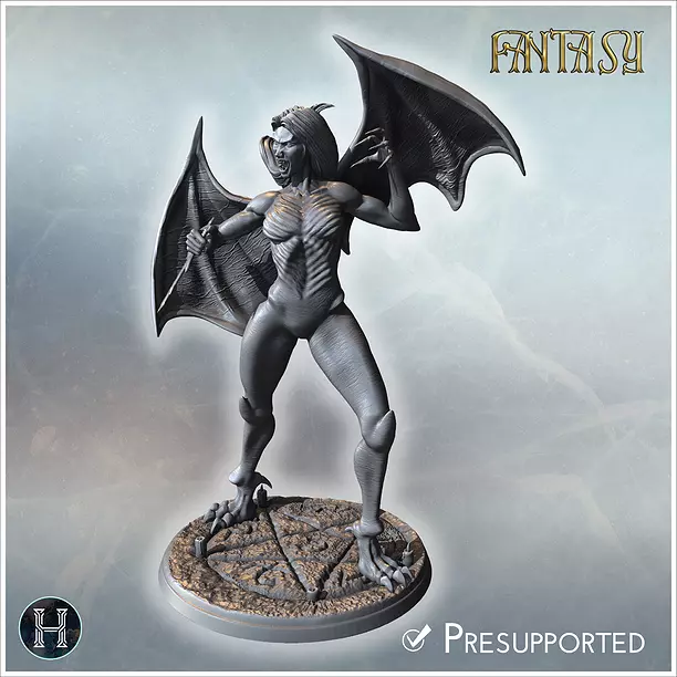 Vampire bat-woman in motion clawed hands and spread wings standi 3D STL Model
