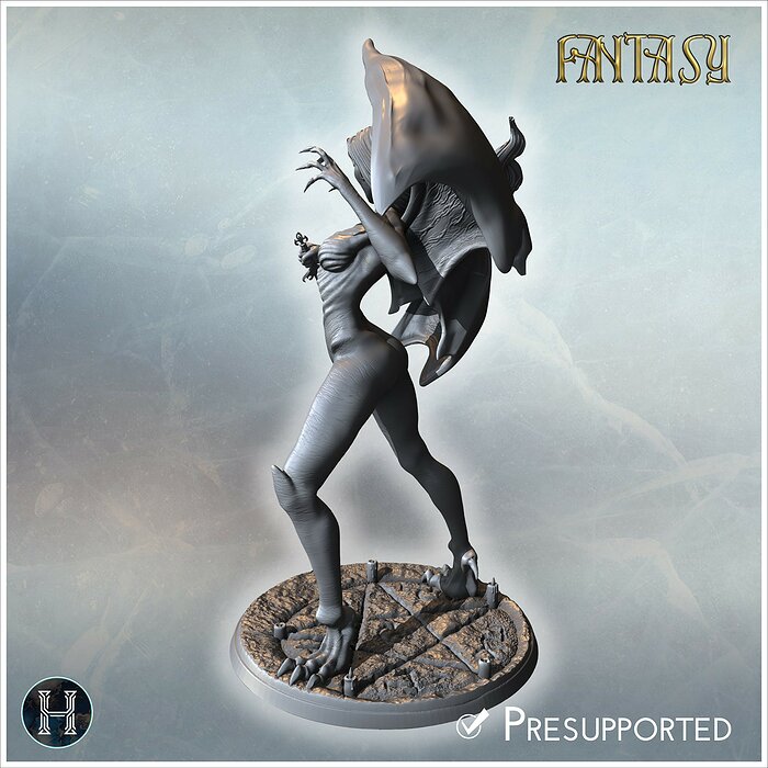 Vampire bat-woman in motion clawed hands and spread wings standi 3D STL Model — view 2