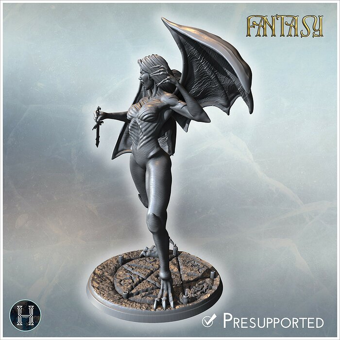 Vampire bat-woman in motion clawed hands and spread wings standi 3D STL Model — view 4
