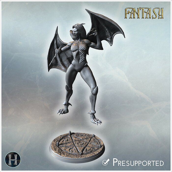Vampire bat-woman in motion clawed hands and spread wings standi 3D STL Model — view 5