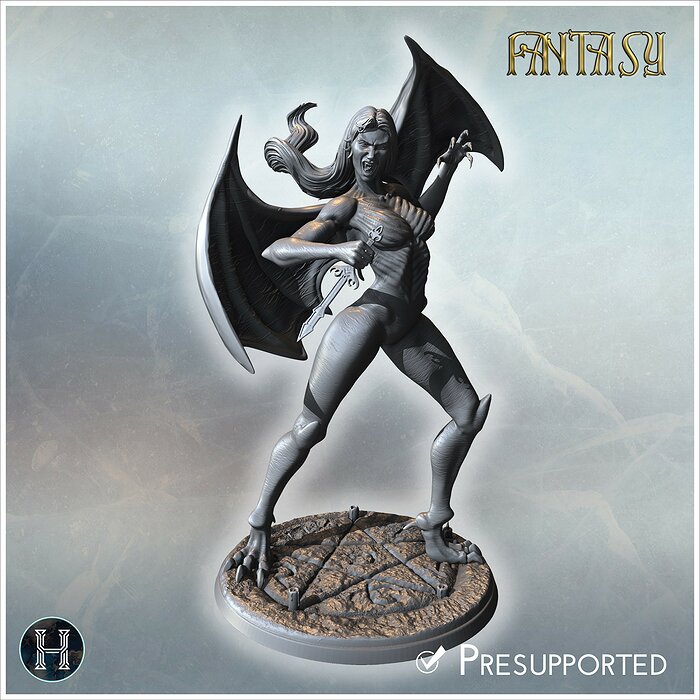 Vampire bat-woman in motion clawed hands and spread wings standi 3D STL Model — view 6