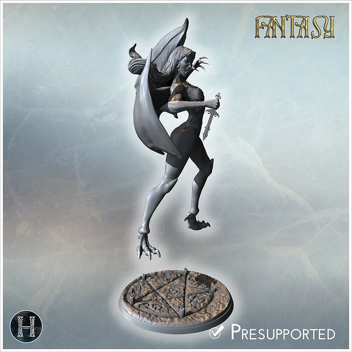 Vampire bat-woman in motion clawed hands and spread wings standi 3D STL Model — view 7