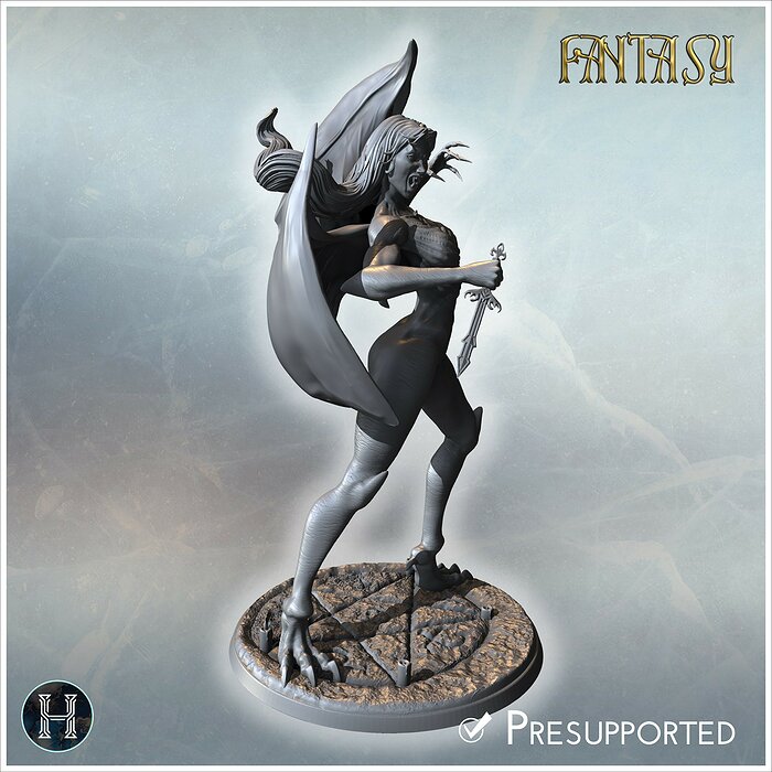 Vampire bat-woman in motion clawed hands and spread wings standi 3D STL Model — view 8