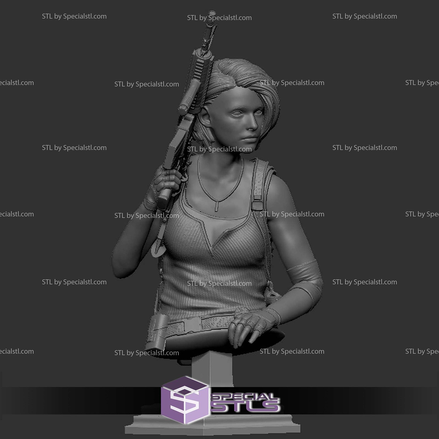 Jill Valentine Bust Sitting with Gun STL Files 3D Model — view 2