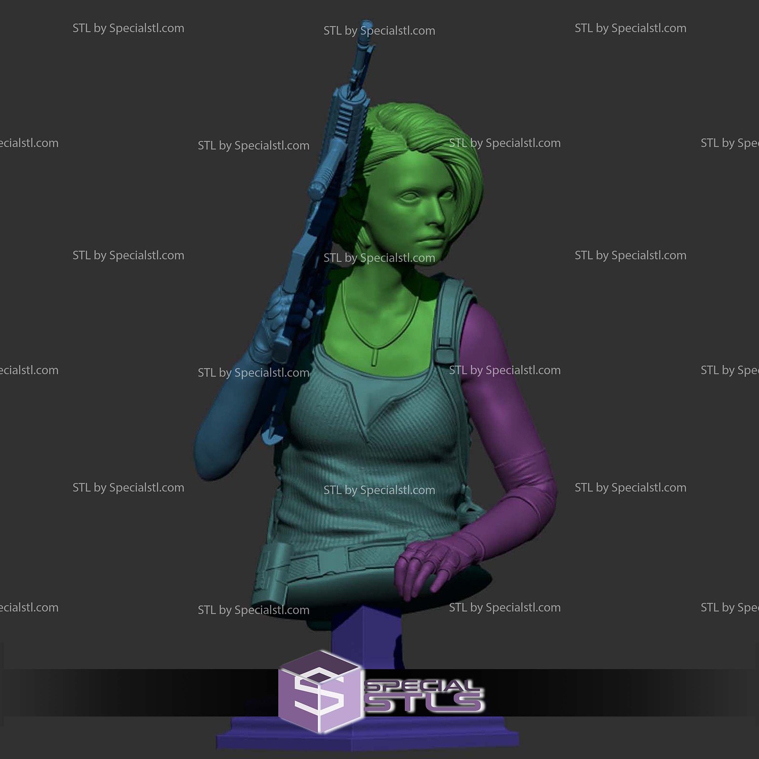 Jill Valentine Bust Sitting with Gun STL Files 3D Model — view 3