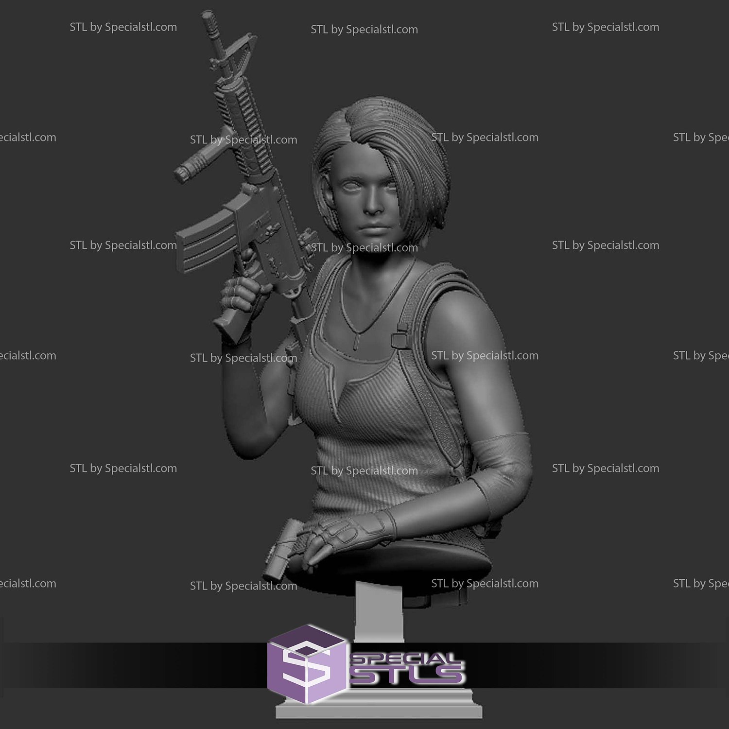 Jill Valentine Bust Sitting with Gun STL Files 3D Model — view 4