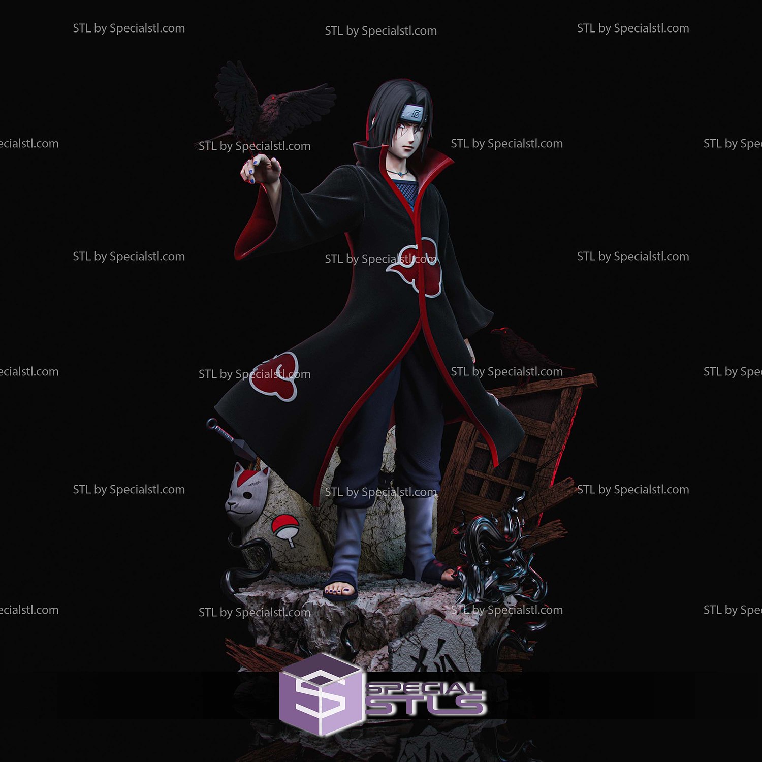 Itachi Uchiha and Crow 3D Printer Files STL Model — view 4