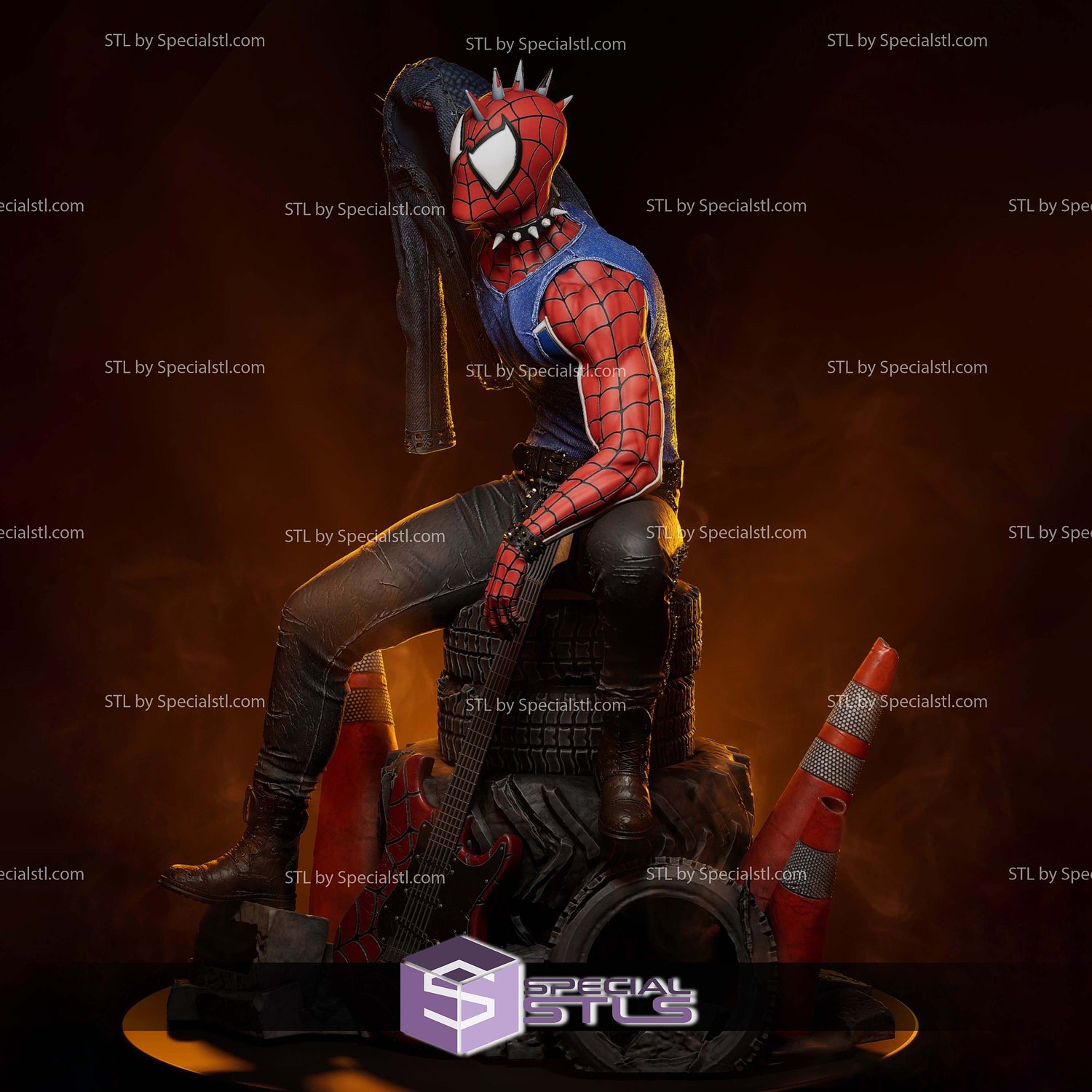 Spider Punk Sitting with Guitar 3D Printer Files STL Model — view 3