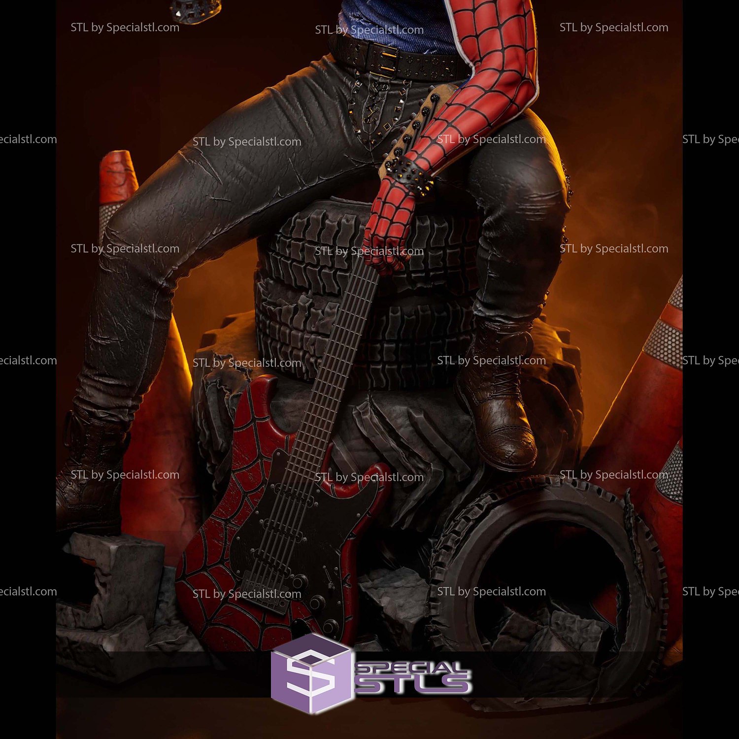 Spider Punk Sitting with Guitar 3D Printer Files STL Model — view 6