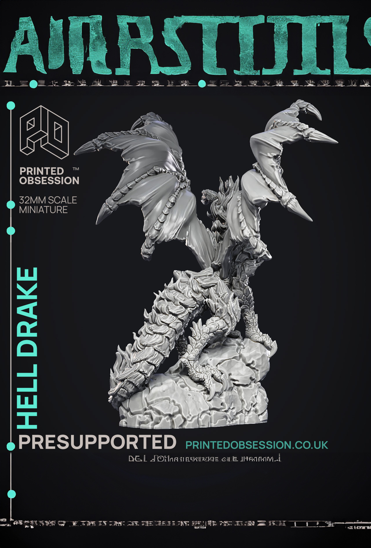 Hell Drake - Demon Dragon - PRESUPPORTED - Illustrated and Stats - 32mm scale 3D STL Model