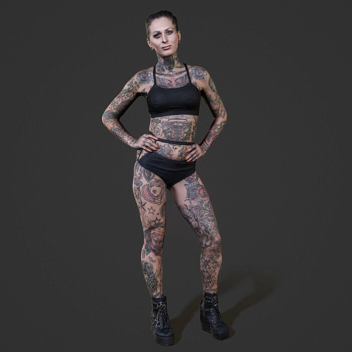 Tattoo model 2 tattooed woman posing for shoot 3D OBJ Model — view 2