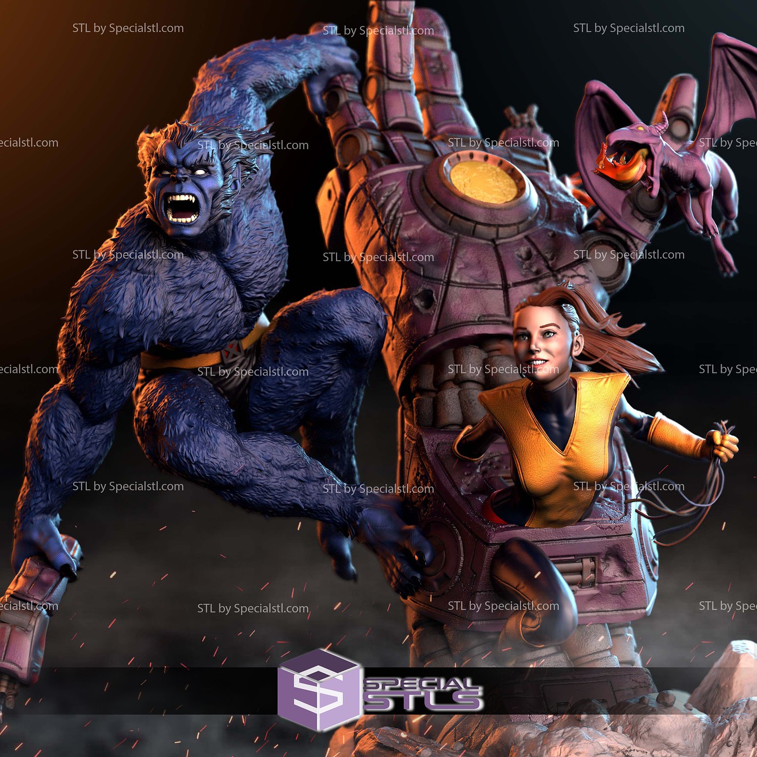 Beast Shadowcat and Lockheed Diorama 3D Printer Files STL Model — view 2