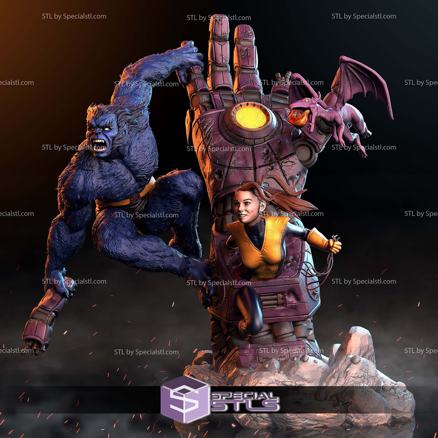 Beast Shadowcat and Lockheed Diorama 3D Printer Files STL Model — view 4