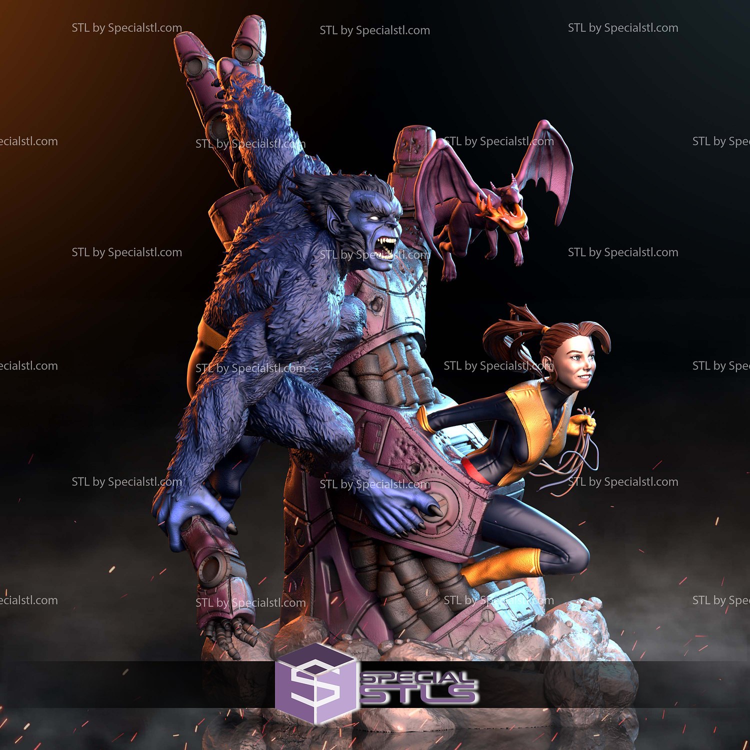 Beast Shadowcat and Lockheed Diorama 3D Printer Files STL Model — view 6