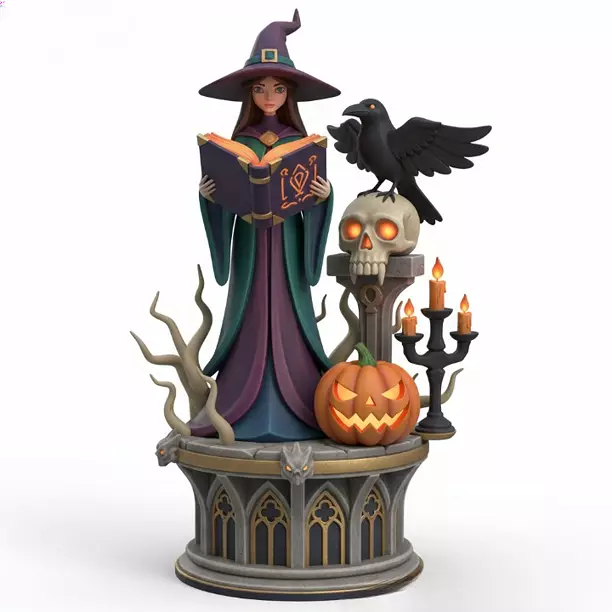 4287 Witch with Skull and Pumpkin Color 3D Model STL DND PNG Model