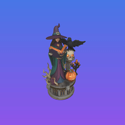 4287 Witch with Skull and Pumpkin Color 3D Model STL DND PNG Model — view 3