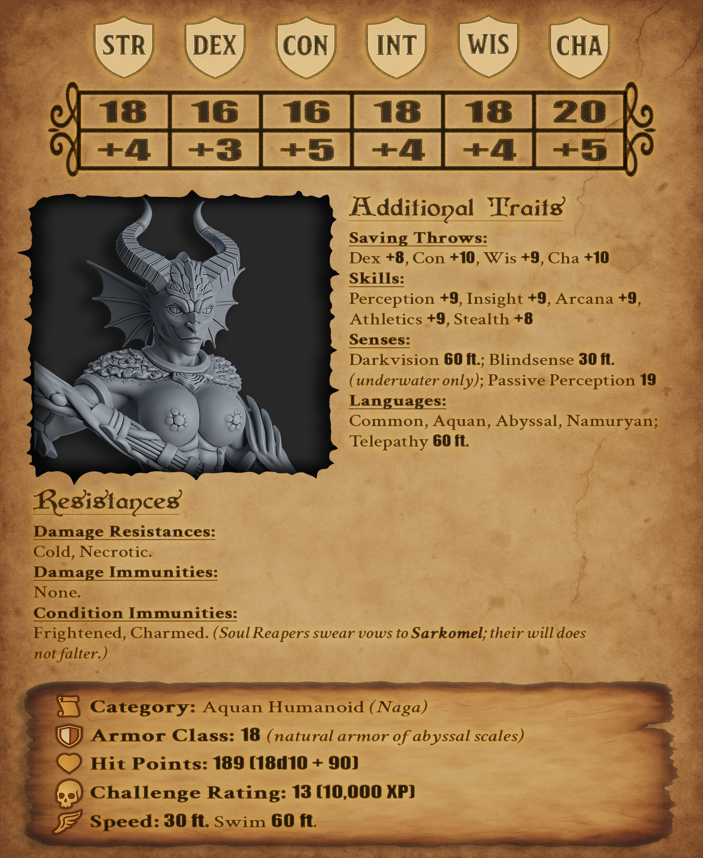 Soul Reaper Naga - DnD Miniature for 5e RPG and Tabletop Wargames inspired 3D STL Model