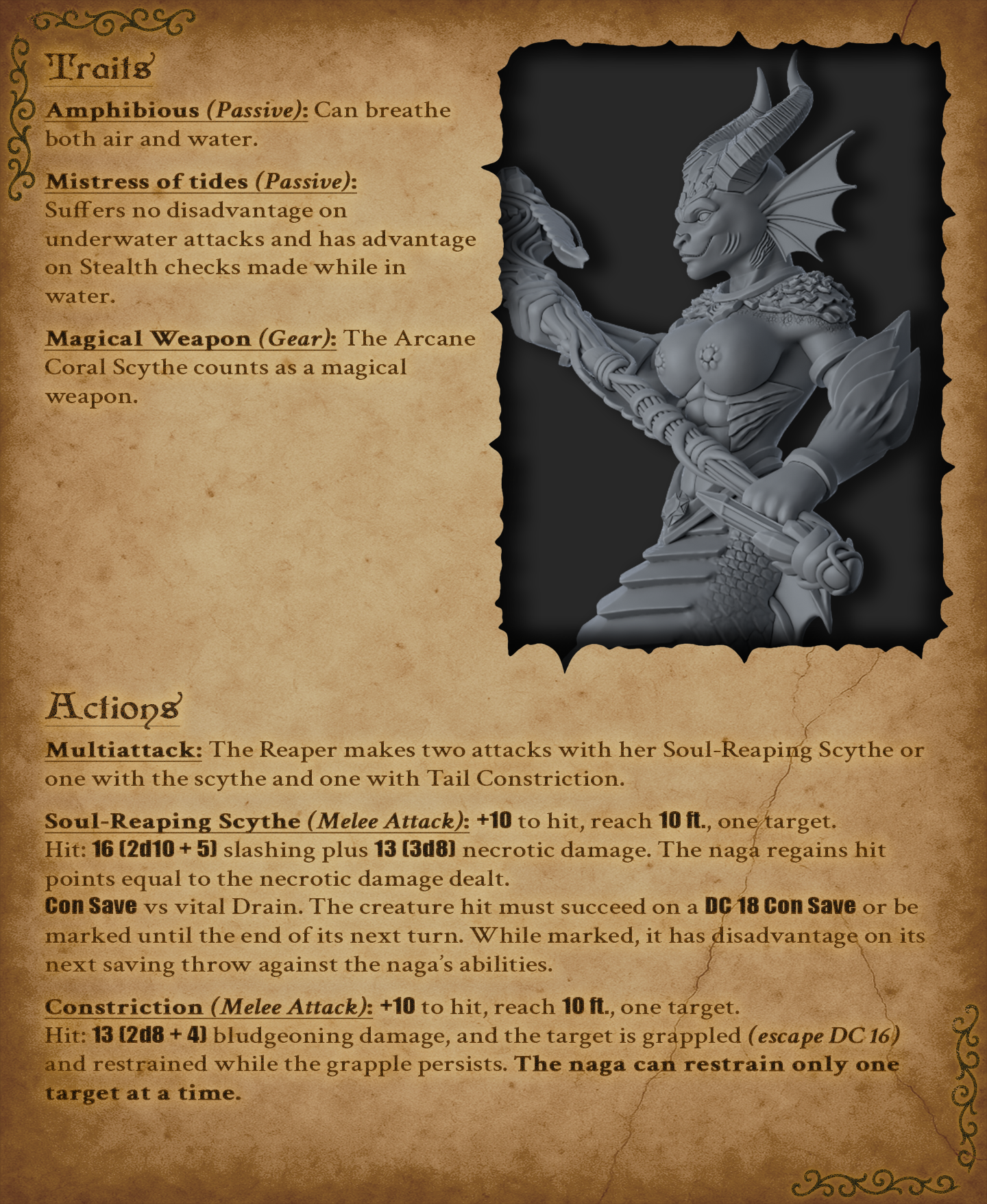 Soul Reaper Naga - DnD Miniature for 5e RPG and Tabletop Wargames inspired 3D STL Model — view 5