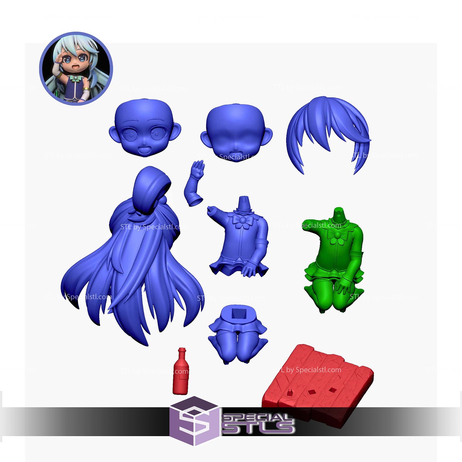 Aqua Konosuba Chibi Hi 3D Printer Files STL Model — view 5