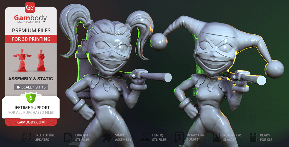 Chibi Harley Quinn 3D Printing Miniature | Assembly STL Model